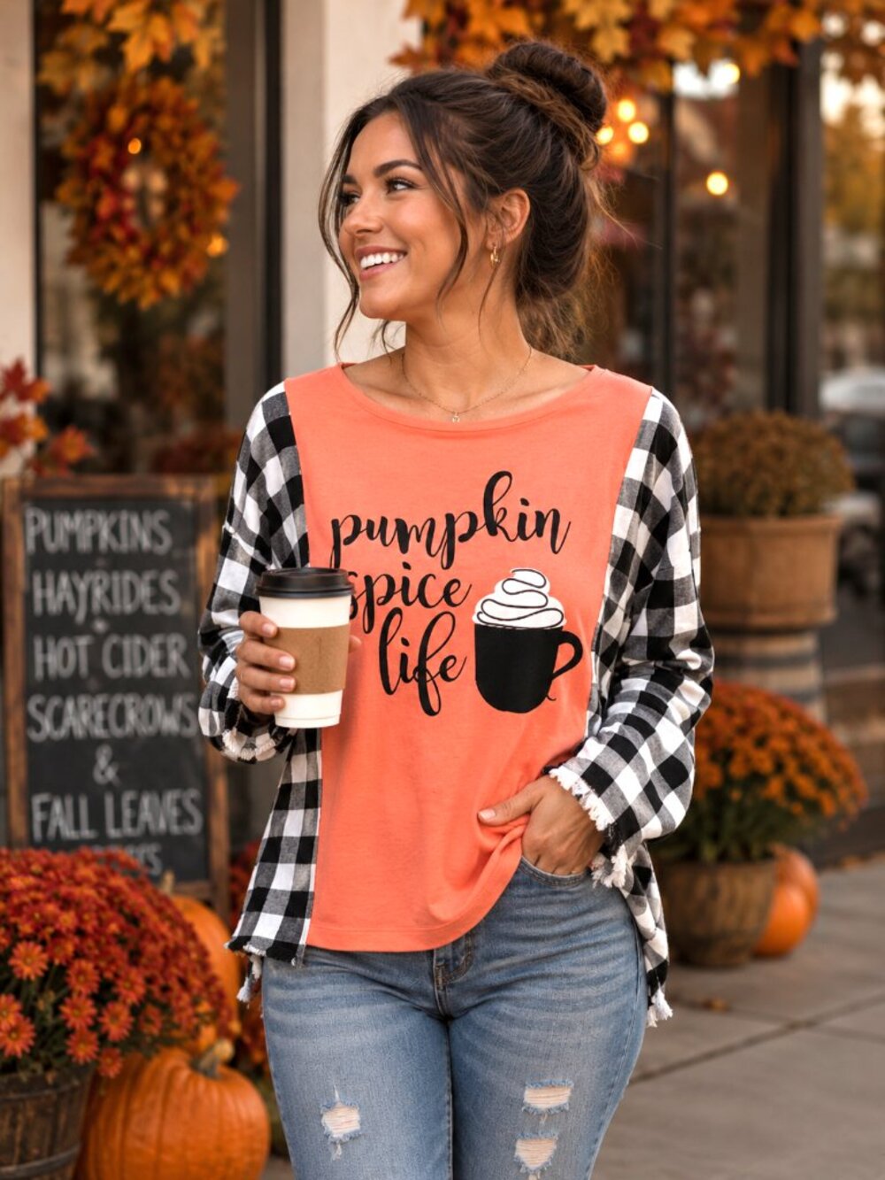 Upcycled Flannel Shirt Oversized Autumn Pumpkin Spice Coffee Graphic Size M-L
